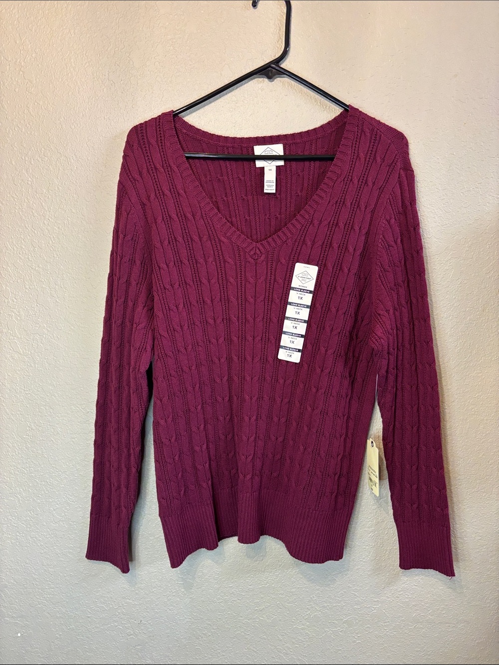 New St. John’s Bay Sweater Berry Cable Knit V-Neck Preppy Casual Women’s 1X